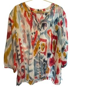 Chico's Silk Button-Up Blouse Abstract Print 3/4 Sleeve Multicolor Top‎ XL